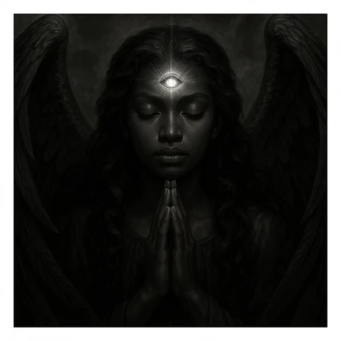a majestic black angel, eyes closed in prayer, third eye on forehead pulsing with energy sticker