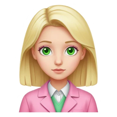 blonde girl with green-grey eyes, dressed in pink clothes, chemist sticker