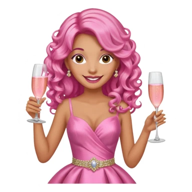 One lady with long pink curled hair and tan skin holding a glass of  pink champagne in each hand sticker