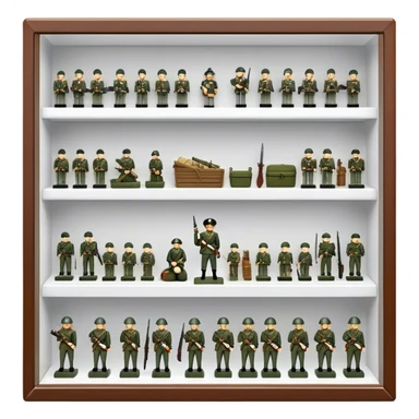 Icon for Miniature Collecting: a collection of finely detailed miniature items such as tiny army of soldiers, figurines and accessories, neatly displayed on a shelf or in a display case. The icon should convey the intricacy and charm of collecting miniature objects. Transparent background. sticker