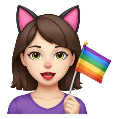 brunette girl with cat ears and doing cat pose with gay flag in mouth sticker