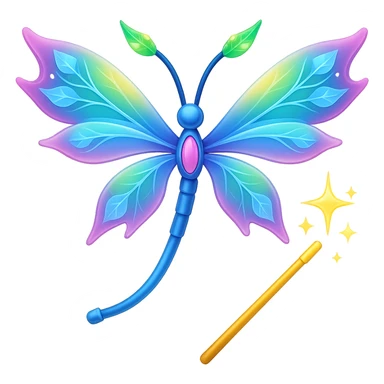 Add a magic wand to the neuron with colorful fairy wings in the style of apple emojis, keeping the apple emoji style exactly, no background. sticker