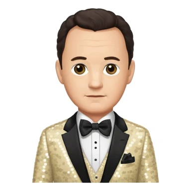 Tom Hanks with dark brown hair, cream sequin suit with bow tie sticker