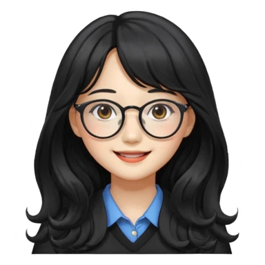 Please generate a portrait of a pretty girl with long, wavy, black hair. She's smiling. She also wears a middle parting and bangs. with glasses pink wonyoungsim from ive fom kpop group sticker