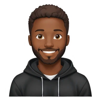 African yound man in his late 20s with a  bright smile with a short boxed beard, black hoody sticker