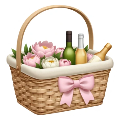 White Picnic basket with light pink bow and white peonies inside sticker