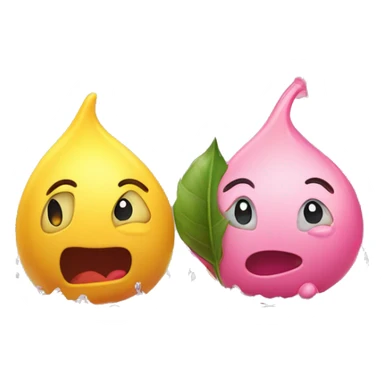 Two adorable, water drop emoji-like figures with emoji head, a yellow one with green leaves a pink one with red leaves, hog standing on a wet surface, with their r sticker