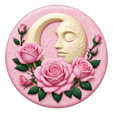 A round pink button with a light cream full damask moon and pink roses in the center sticker