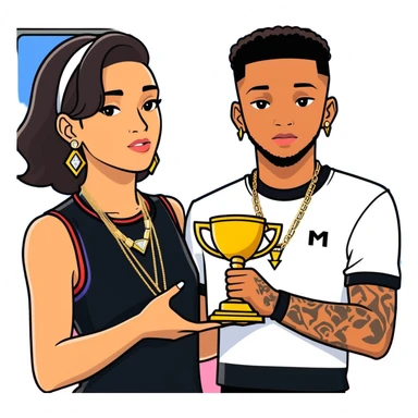 Internet celebrity Josh King Madrid jetset wearing shiny diamond earrings and sparkly iced out diamond tennis necklace chains with Instagram model girl tefi valenzuela sitting with him holding gold internet celebrity trophy on tv show in Miami sticker
