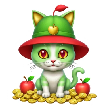 An alien cat with a red apple hat with cash all around it sticker