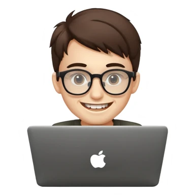 smiling coder with big glasses and buck teeth, working on a laptop, simple, clear emoji style sticker