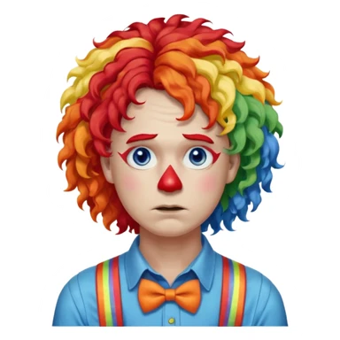 Rainbow-colored curly wig (red, yellow, green, and blue).

White face paint with blue eye makeup and a red nose.

Wearing orange suspenders over a blue shirt.

Sad, frowning expression. sticker