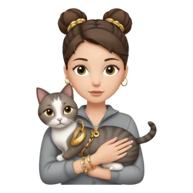 a white girl with brunette hair in a one single bun holding a grey cat. the girl has long lashes and has on a grey zip up that is half way zipped  and under a white shirt and gold jewelry that is gold bracelets. sticker