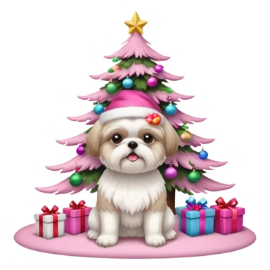 one little white all over shih tzu dog with pink santa hat with short hair sitting next to pink christmas tree sticker