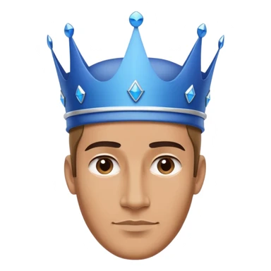 A friendly-looking, clean-shaven man wearing a large blue crown that is bigger than his face. The crown is completely plain, with no details, no gemstones, and no decorations — just a smooth surface with a wide base. The style is ultra-minimalist and modern, inspired by Apple product aesthetics sticker