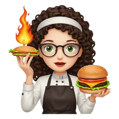 A female chef with glasses, dark brown long curly hair, White skin,Green eyes and setimg a burger on fire sticker