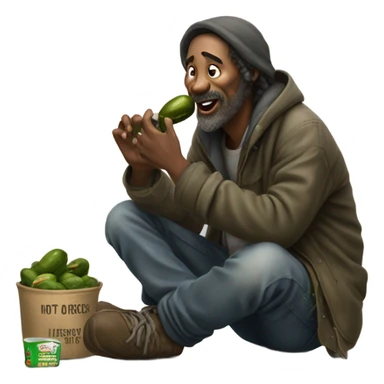 A homeless man eating a pickle sticker