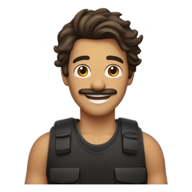 A stereotypical Portuguese young man waving with a big smile, a mustache and a brown mullet, wearing a black t-shirt and a chest vest sticker