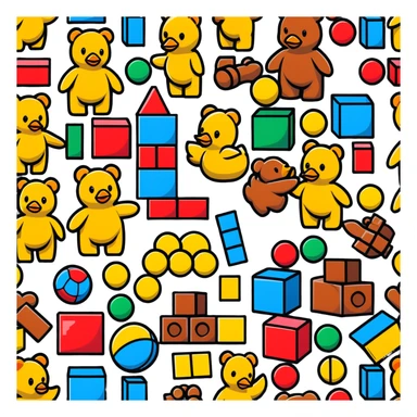 Colorful toys scattered together - teddy bear, rubber duck, toy blocks, ball, and action figures sticker