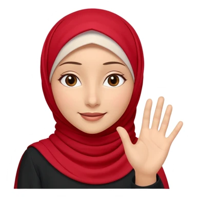 The character gently waves her hand in a slow friendly motion, warm welcoming smile, soft sparkle animation around her, red hijab accents flowing slightly, calm and kind expression, text below in rounded 3D font: “Assalamu alaykum”
🎞 Animation idea: hand wave + eye blink sticker