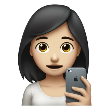 A girl with white skin and dark hair is crying, tears, holding her phone in her hand and pressing her finger on it and looking into it   sticker