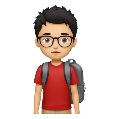 generate a pretty tan bratz boy with glasses and a backpack. black messy hair. wearing a red tshirt. sticker