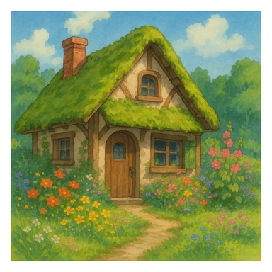a small cottage with a mossy roof and flowers, ghibli style sticker