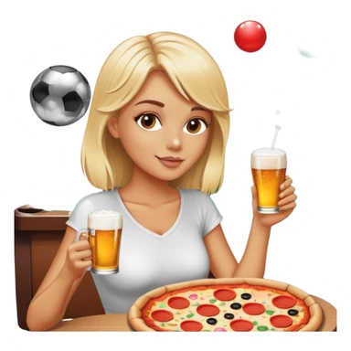 Blond girl eating slice of pizza and drinking beer in sunshine with a disco ball and pool table in the background sticker