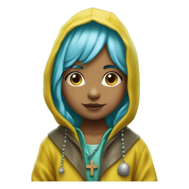 Cute little girl with light blue hair wearing a yellow raincoat hood up with rosary with a cross and green muddy boots sticker