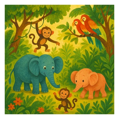 digital illustration of jungle safari in the style of children's story book sticker