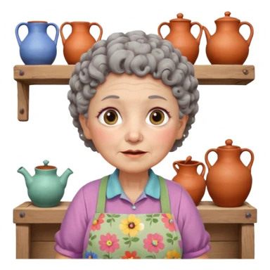 cartoon Apple iOS emoji style rural elderly woman, chubby face, short gray curly hair, flowery blouse, colorful apron, big expressive eyes, pastel colors, Chilean wooden kitchen background, clay pots, warm light, detailed and clean vector art sticker