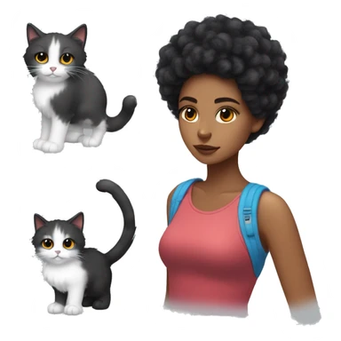 Fluffy cat with more black than white with Latina teen who has red and blue split dyed hair sticker