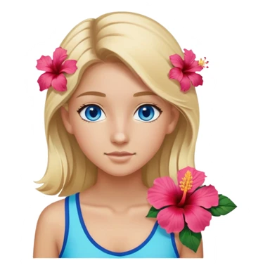 preppy coastal teen girl with blue eyes, beach blonde hair, tan skin, hibiscus flower in her ear, preppy beach outfit sticker