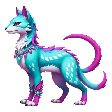 Kawaii colorful iridescent turquoise and magenta and white beautiful pretty elegant divine edgy fantasy feline-vernid-sergal-Fakémon-Pokémon-fursona-animal-creature with accessories, full body, with intricate detailed markings sticker