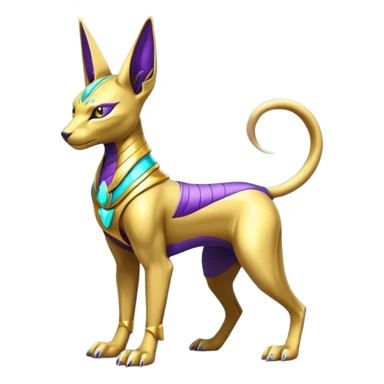 Modern futuristic shiny colorful Anubis-Sphynx-Lombax-Zeraora-Renamon-fusion (full body) sticker