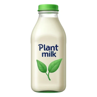 A 3D cartoon bottle of plant-based milk identical to dairy milk, small green tint or leaf mark, Memoji-style. sticker