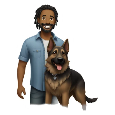 man with dreadlocks, mustache and goatee expressing joy dressed in a shirt alongside a dark brindle colored german shepherd dog sticker