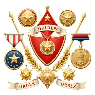 Icon for Collecting Orders, Medals & Badges: a variety of vintage orders, medals and badges, displayed neatly on a big red pennant or in a display case. The icon should reflect the honor and historical significance of these collectible items. Transparent background. sticker