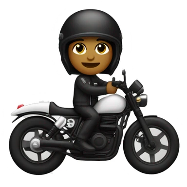 Un motorista blanco en moto custom negra con ropa negra con casco negro y un sieste blanco en  el casco sticker