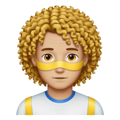 Make me an emoji that has a guy with a white shirt and yellow tape around the shirt with brown and blue spots hair make the hair curly make the yellow tape go around it sticker