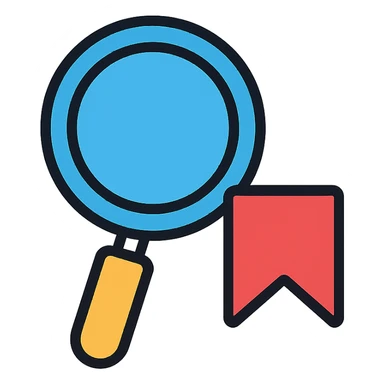 clean and modern magnifying glass with a save symbol like a bookmark or disk in the bottom right corner sticker