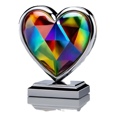 symmetric heart chrome sculpture symbolizing chromatic light with a geometric, faceted design. The heart is standing upright with angular and baroque features. The vibrant rainbow of colors highlights the sharp edges and planes.  sticker