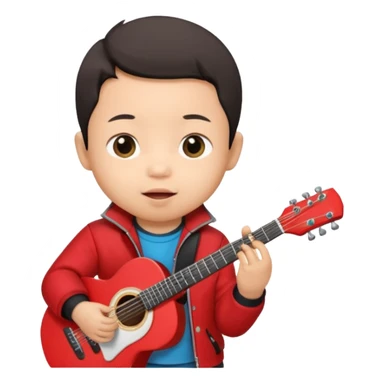 guitar rock player, baby asian head, red jacket sticker