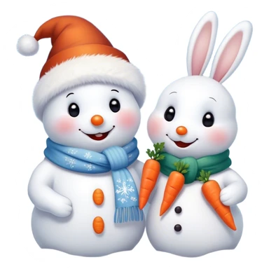 The detailed digital illustration shows a snowman in a Christmas hat and scarf. The snowman is depicted in close-up. Next to it is a cute bunny who wants to depict a snowman and holds a carrot with his paws at the level of his nose, thereby demonstrating to the snowman that his nose looks like a snowman's nose. The snowman is joyful, looks lovingly at the mischievous bunny. Snowflakes are falling from the sky, the whole scene should have a soft and cozy winter aesthetic. The style of this illustration is the same as that of the famous artist Evgenia Gapchinskaya. sticker