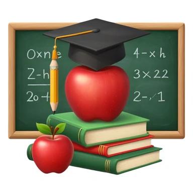 An icon featuring a chalkboard with educational equations, an apple, and a pencil, symbolizing pedagogy. The design includes a stack of books and a graduation cap, representing teaching and learning. Transparent background highlights the dedication to education and mentorship. sticker
