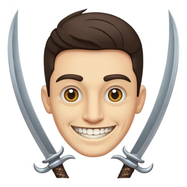 Haz que tenga una sonrisa epica una cicatriz en el ojo serrado y una espada entre los dientes y dos más a cada lado. sticker