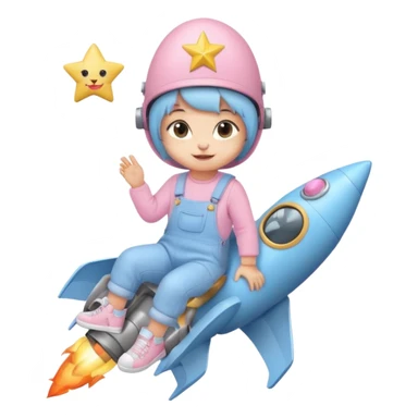cute kitten in pastel blue overalls and sneakers, pastel pink hat with a star, sitting on a rocket, smiling, emoji style sticker