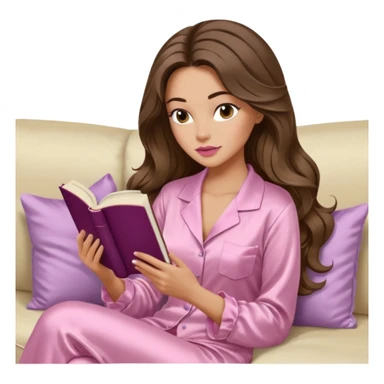 Woman with light tanned skin reading a book on Beige sofa. Long wavy brunette hair. Ivory silk pyjamas. Realistic. Foxeye with long lashes. Pinky mauve lips. sticker