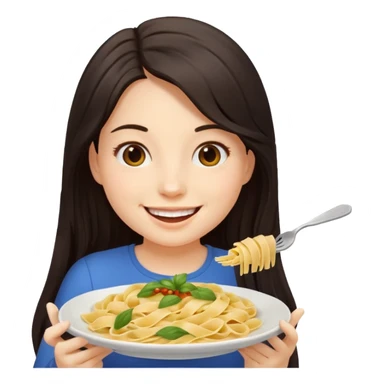 chica joven con piel clara y pelo oscuro largo comiendo un plato de pasta que parezca un emoji de iphone (sistema ios) sticker