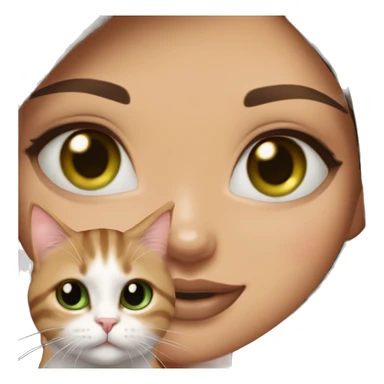 A girl with green eyes and dark brown straight hair, and makeup nude lipstick and eyelashes, slightly tanned, oval light pink fingernails, white top, holding a brown tabby cat with green eyes sticker